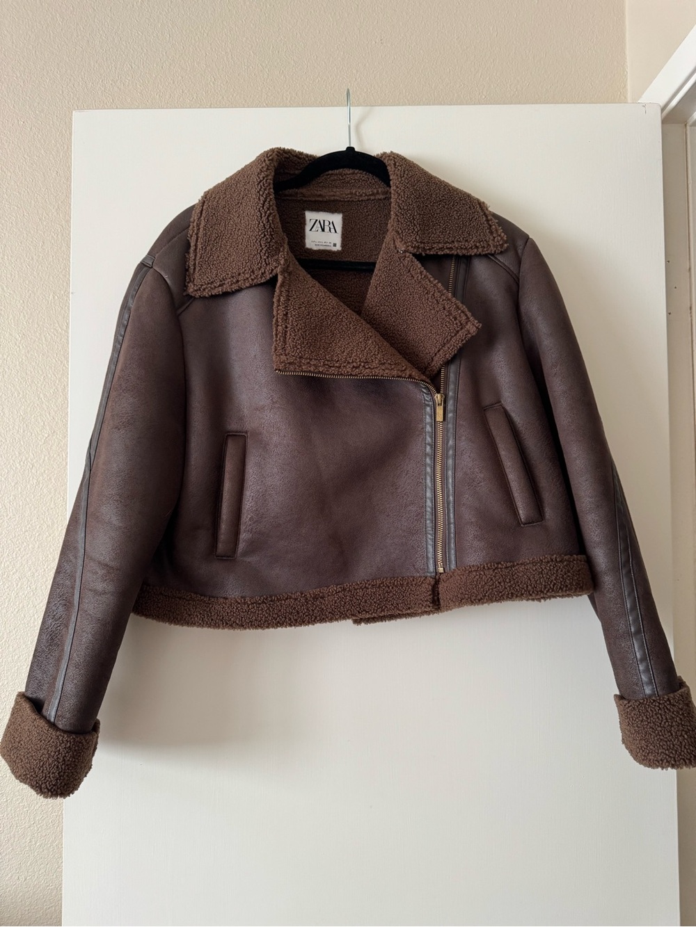 Zara Brown Faux Suede & Shearling Moto Jacket